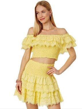 Nwot Lilly Pulitzer 2pc Brexley Off Shoulder Ruffle Cropped Yellow Lace Set